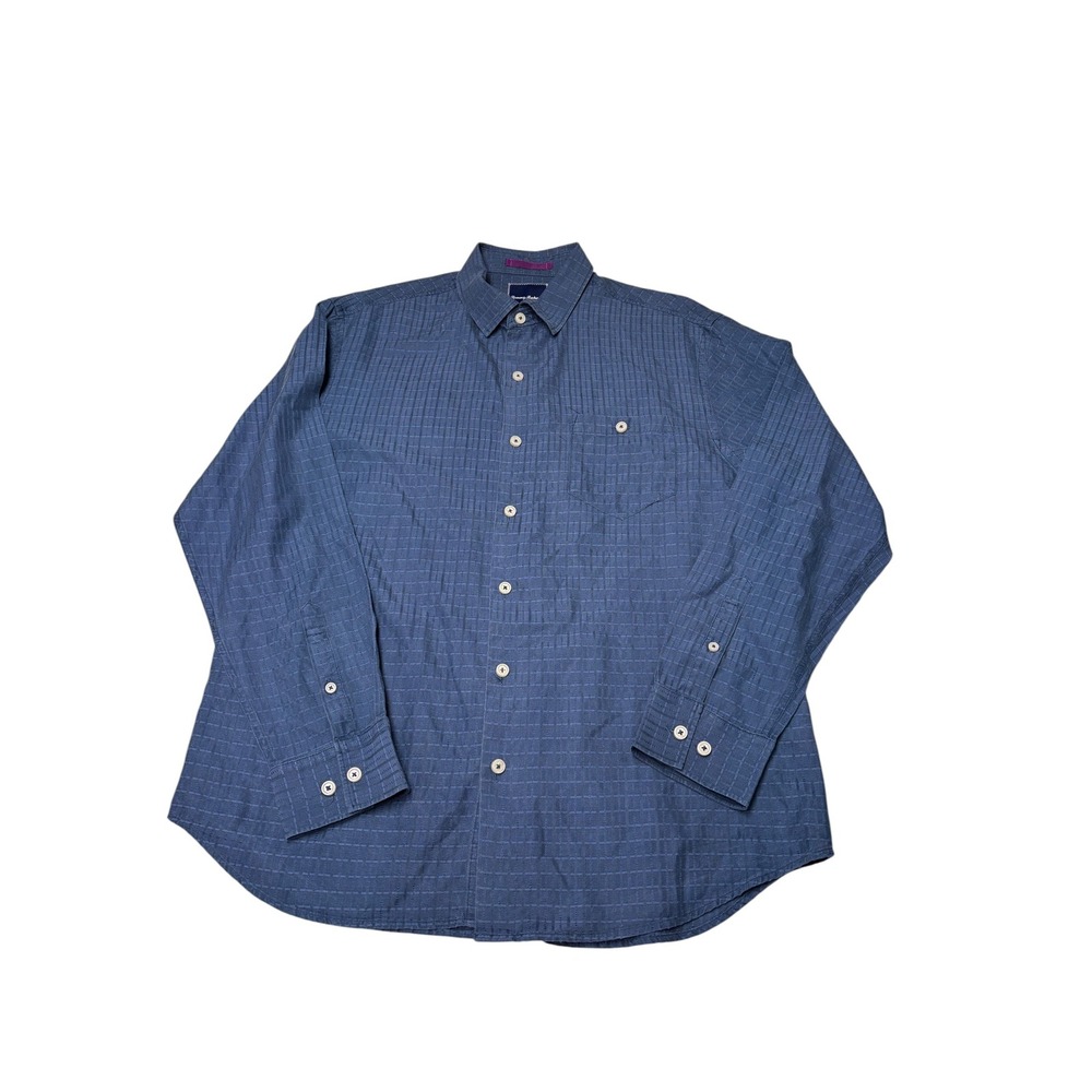 Tommy Bahama Mens Large Blue Silk Cotton‎ Textured Grid Long Sleeve Button Down
